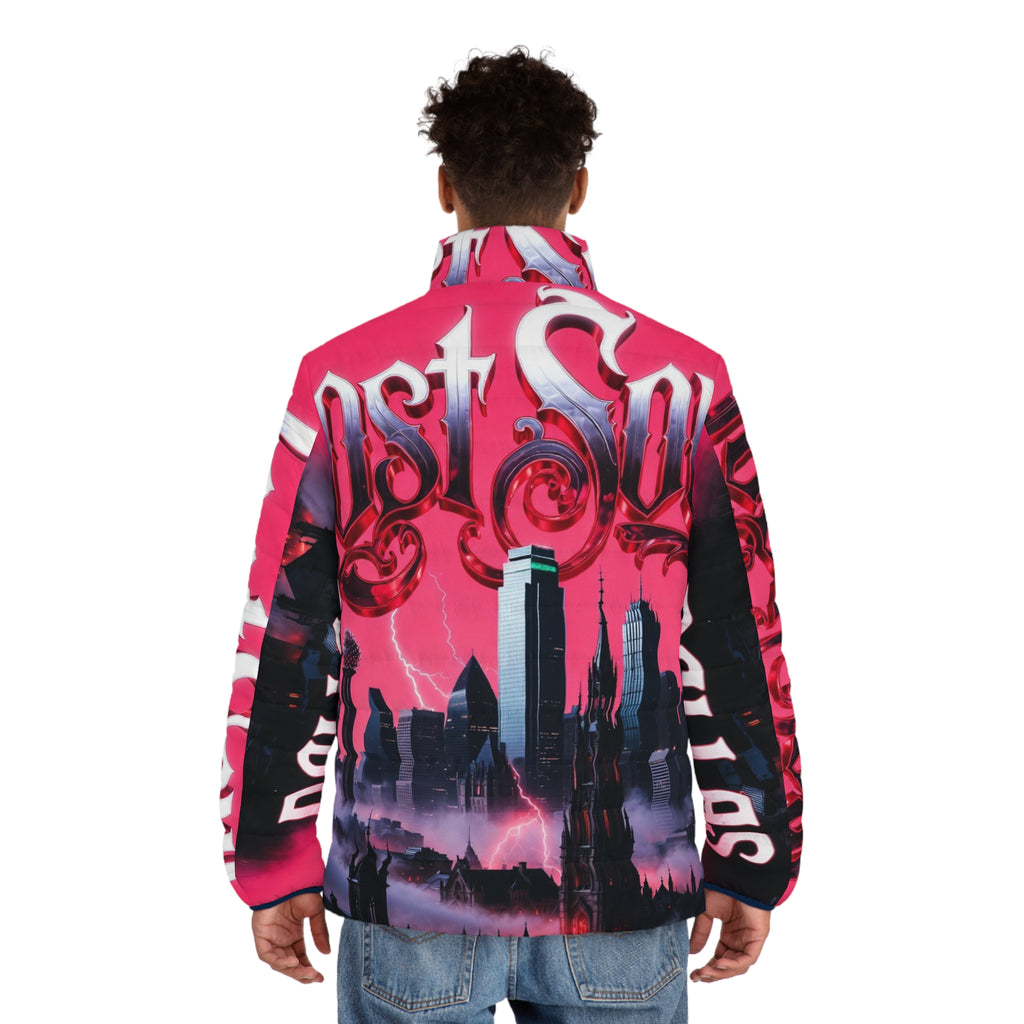 Lost Soul Dallas Skyline Puffer Jacket — Pink Gothic Cityscape AOP