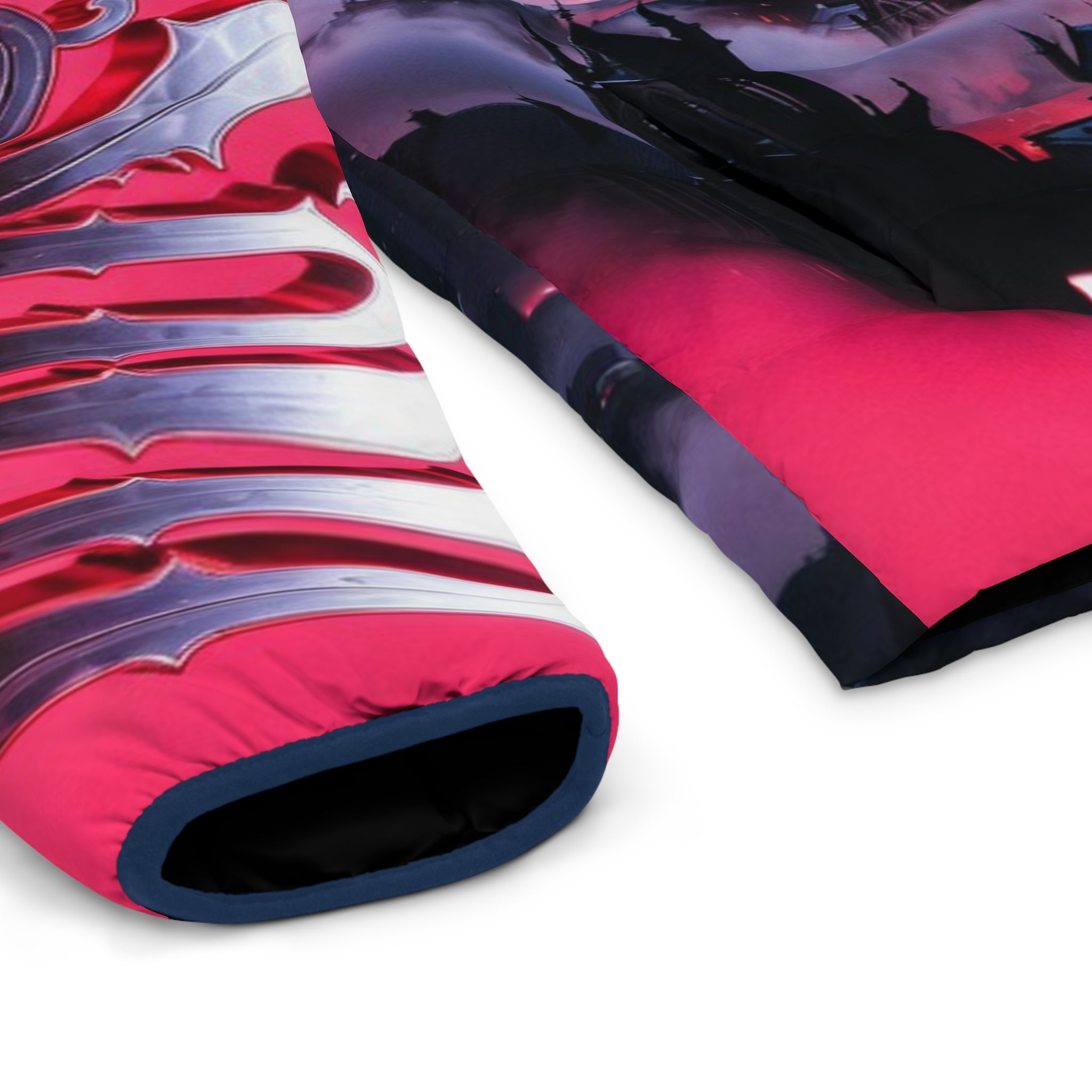 Lost Soul Dallas Skyline Puffer Jacket — Pink Gothic Cityscape AOP
