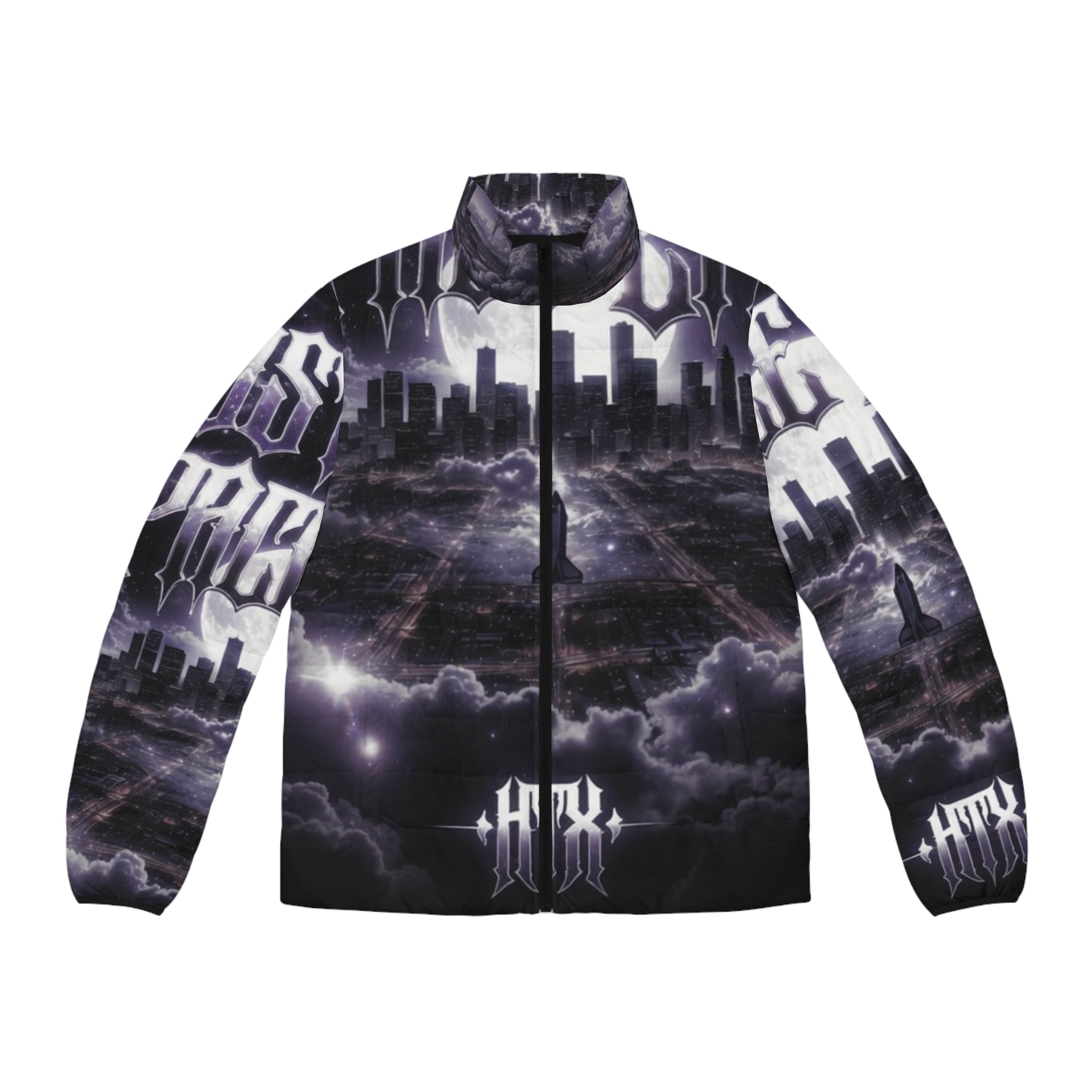 Lost Soul Men's Gothic Cityscape Puffer Jacket — 'Last Storm' All-Over Print