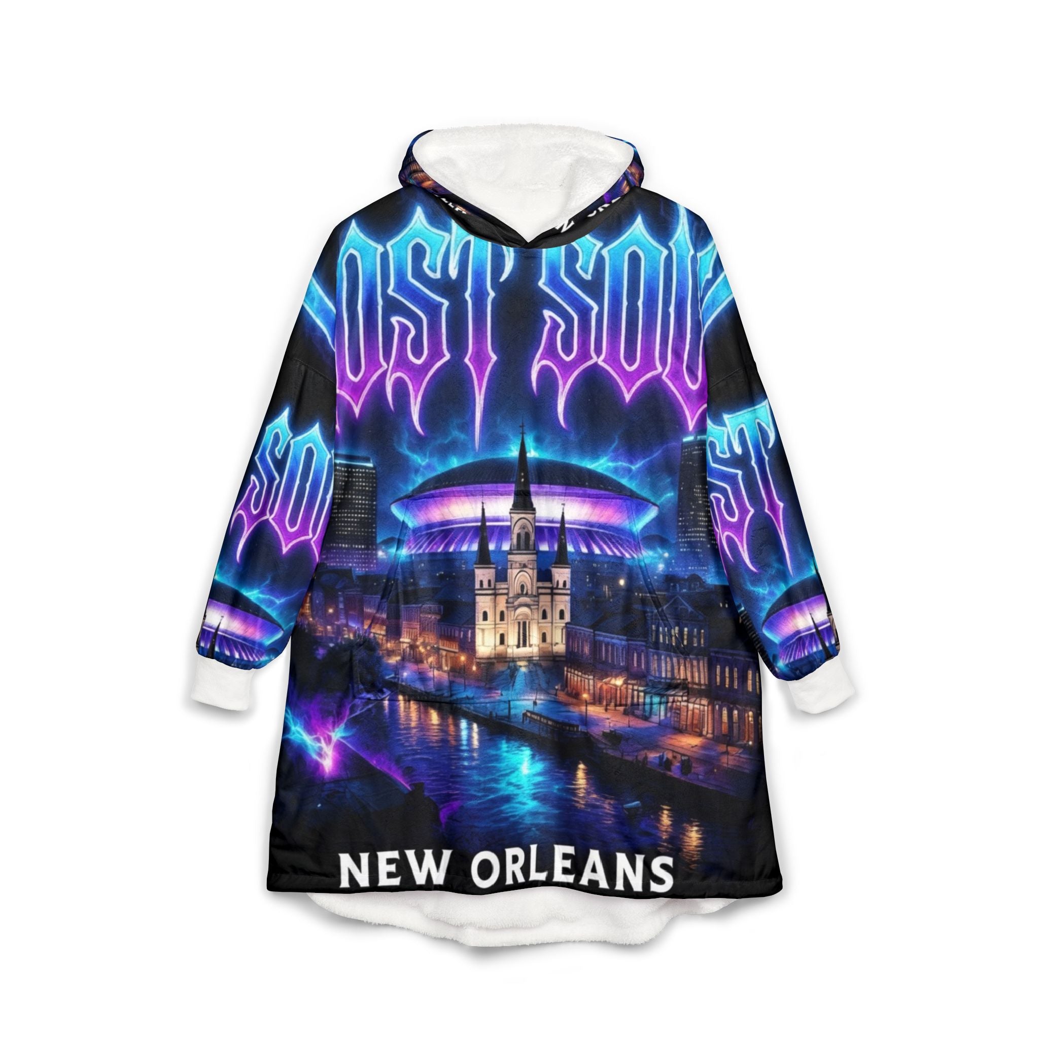 Lost Soul New Orleans Hooded Blanket — Neon Ghost Soul Cityscape Cozy Throw