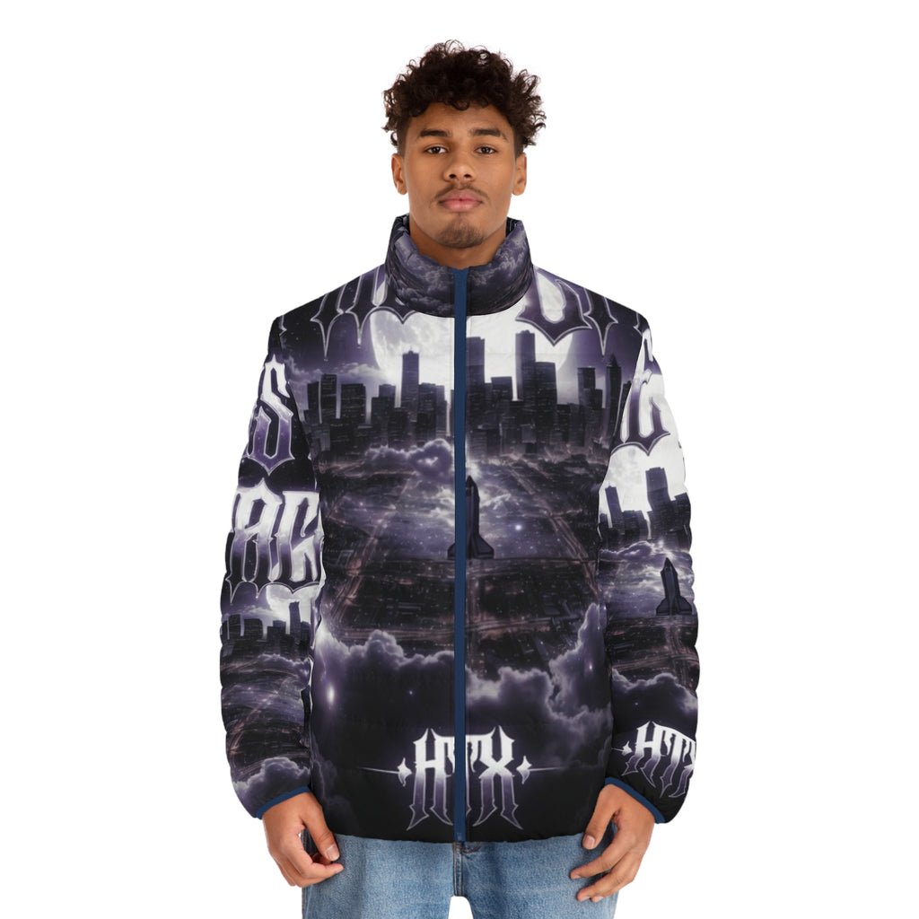 Lost Soul Men's Gothic Cityscape Puffer Jacket — 'Last Storm' All-Over Print