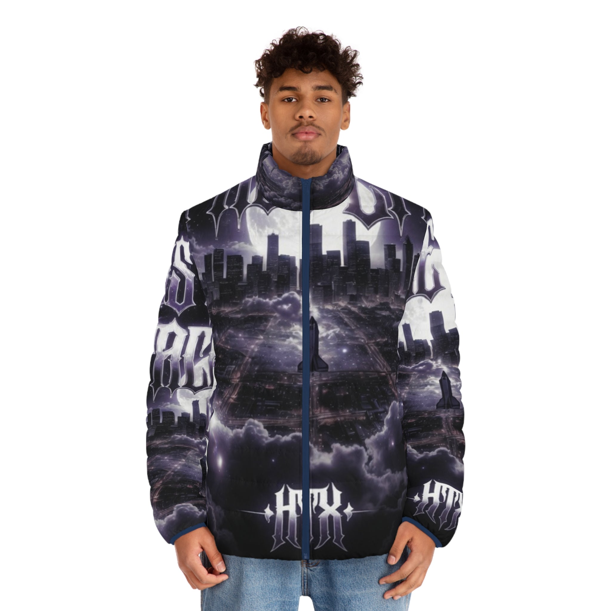 Lost Soul Men's Gothic Cityscape Puffer Jacket — 'Last Storm' All-Over Print