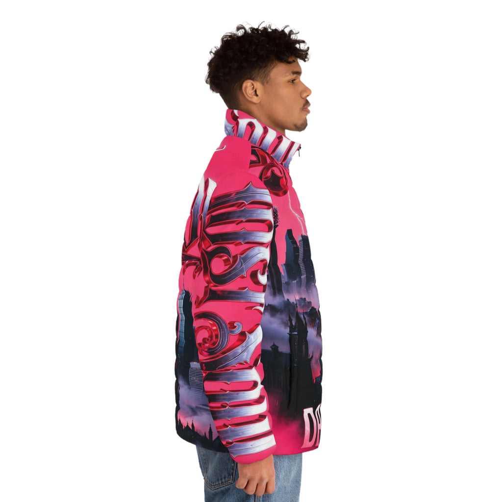 Lost Soul Dallas Skyline Puffer Jacket — Pink Gothic Cityscape AOP