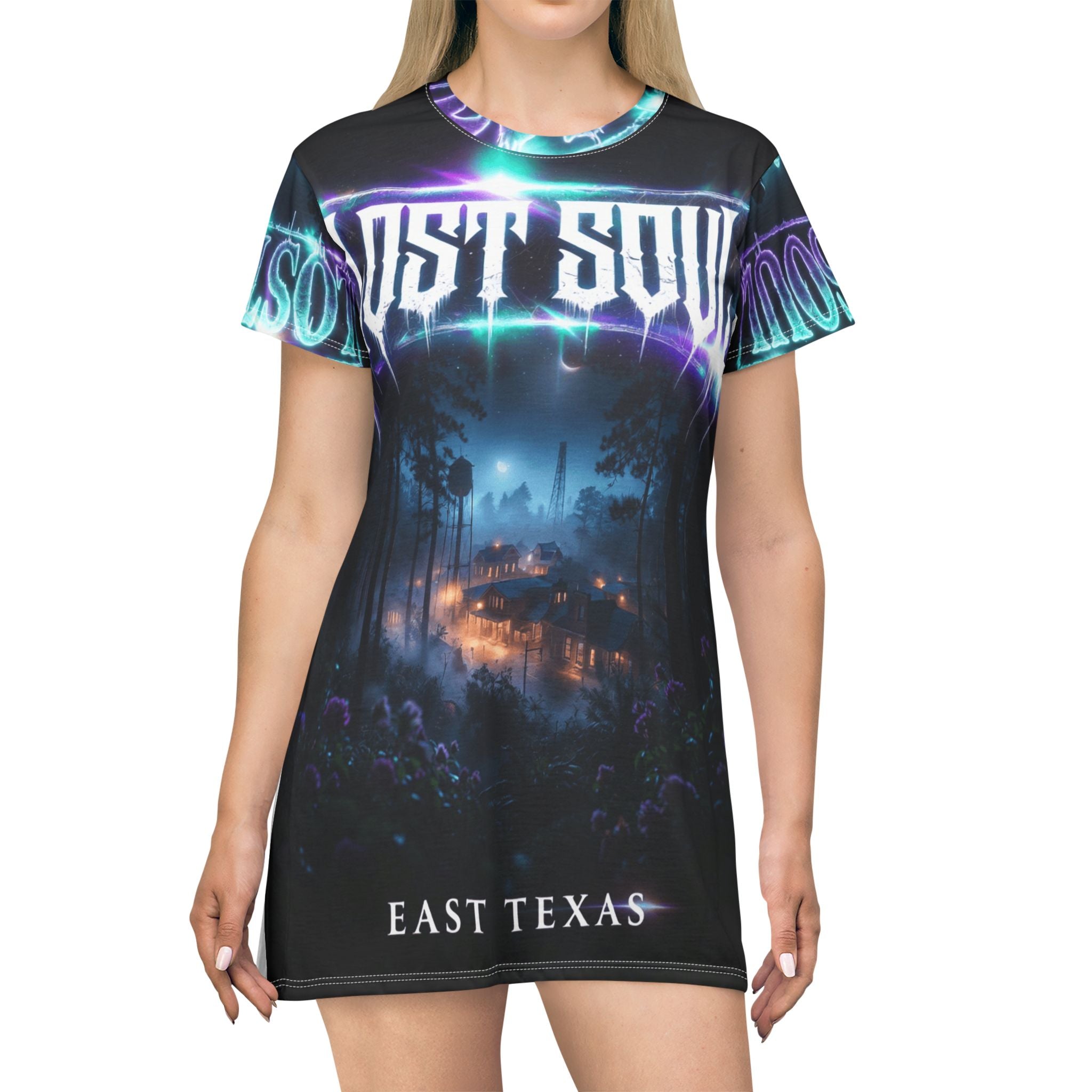Lost Soul East Texas T-Shirt Dress — Gothic Forest Horror Graphic Tee Dress