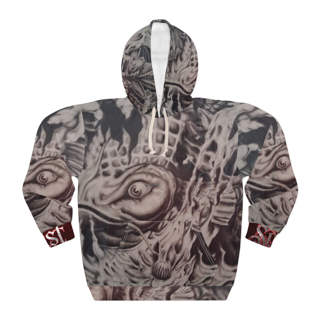 Lost Soul All-Over Print Hoodie — Monochrome Surreal Fish Skull Design