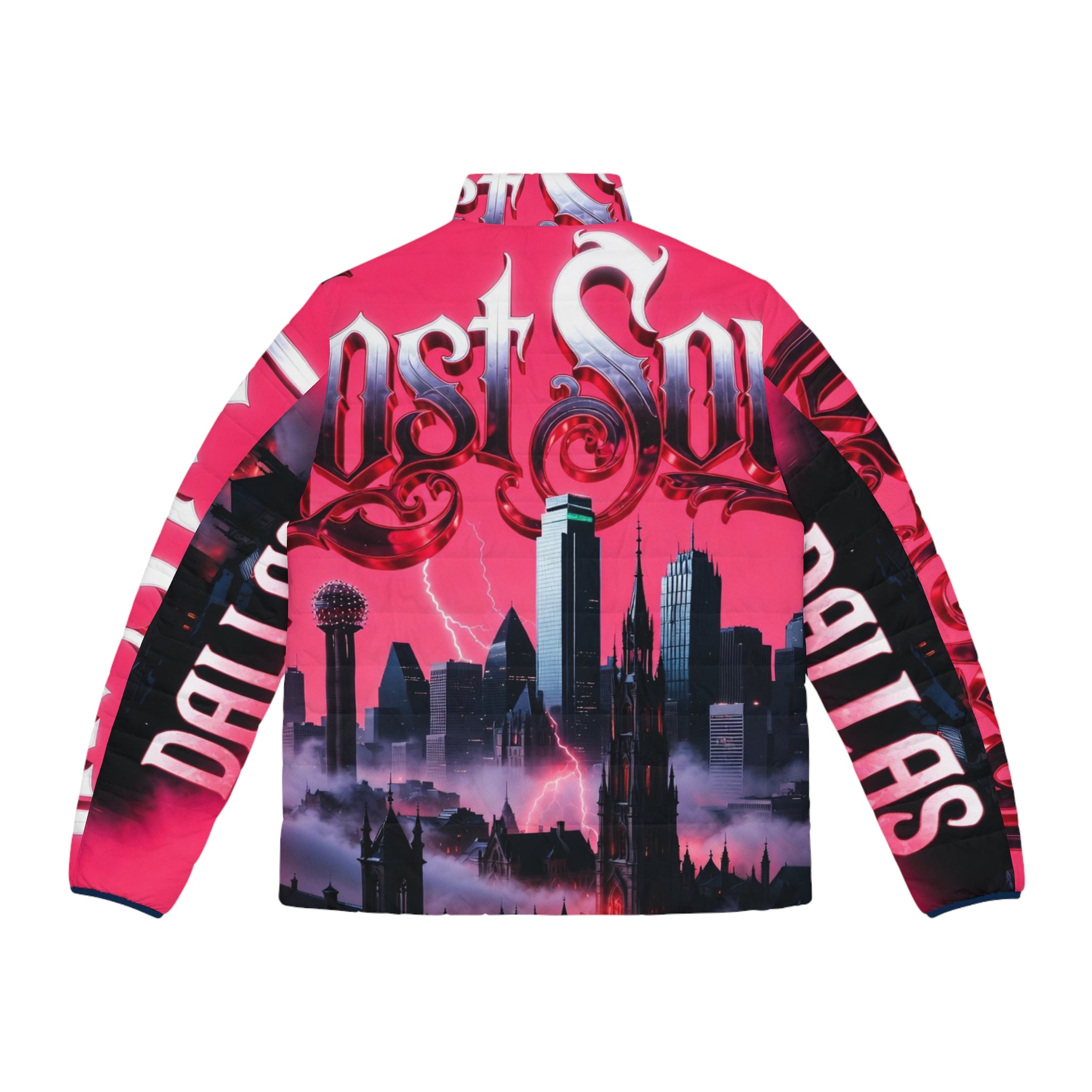 Lost Soul Dallas Skyline Puffer Jacket — Pink Gothic Cityscape AOP