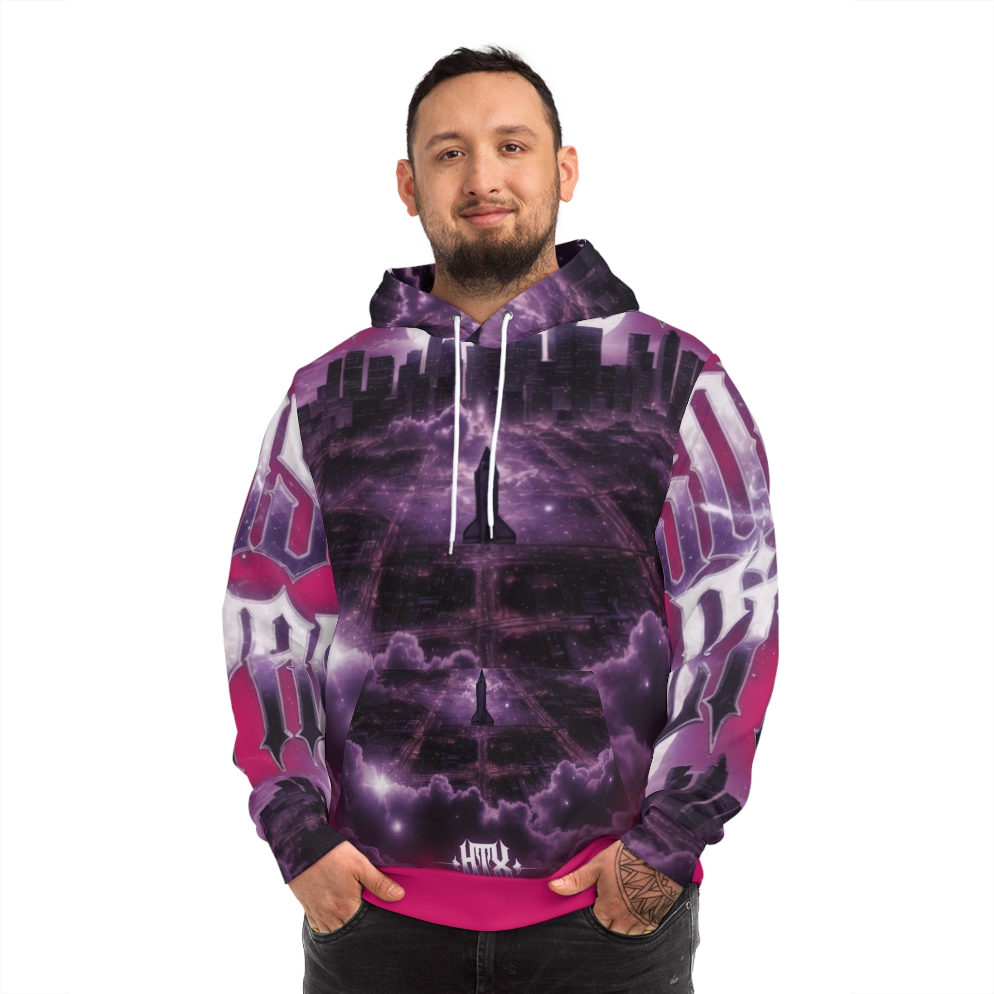 Lost Soul Galaxy Cityscape Hoodie — 'Lost Soul, Streets With' Pink & Purple All-Over Print