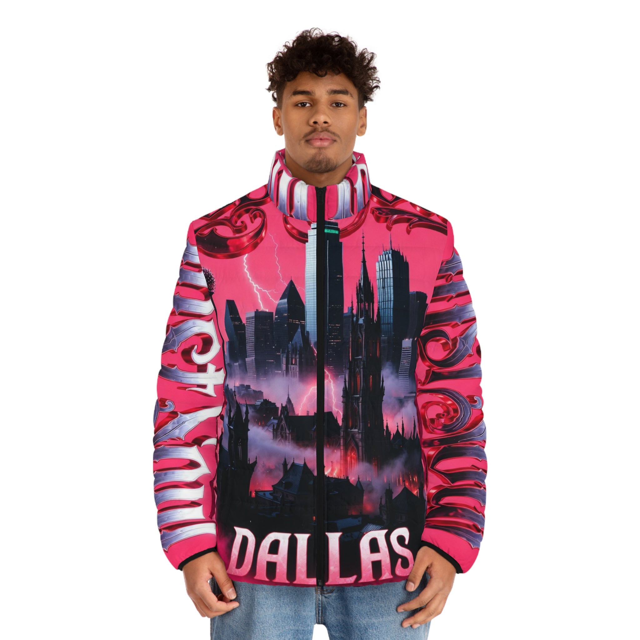 Lost Soul Dallas Skyline Puffer Jacket — Pink Gothic Cityscape AOP