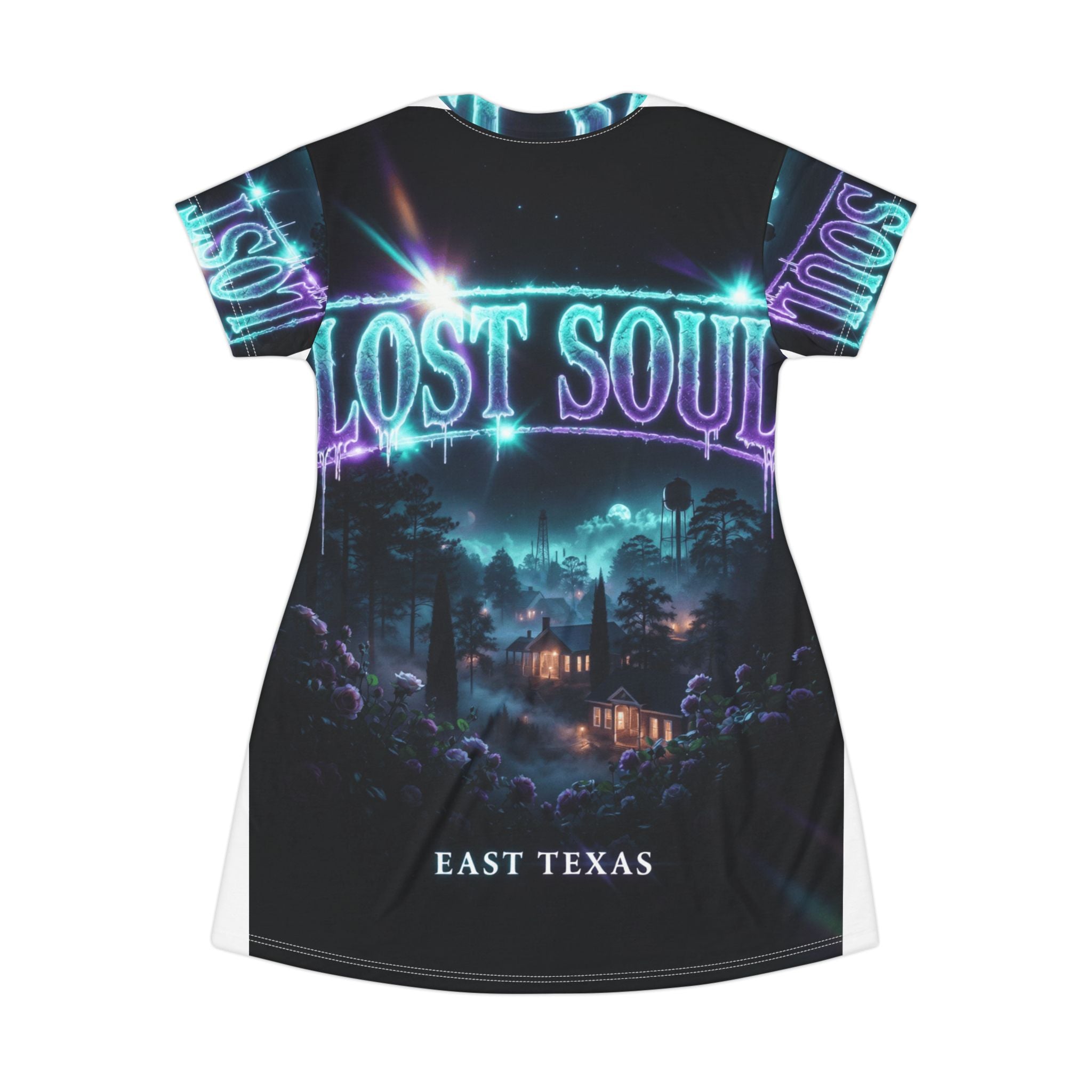 Lost Soul East Texas T-Shirt Dress — Gothic Forest Horror Graphic Tee Dress