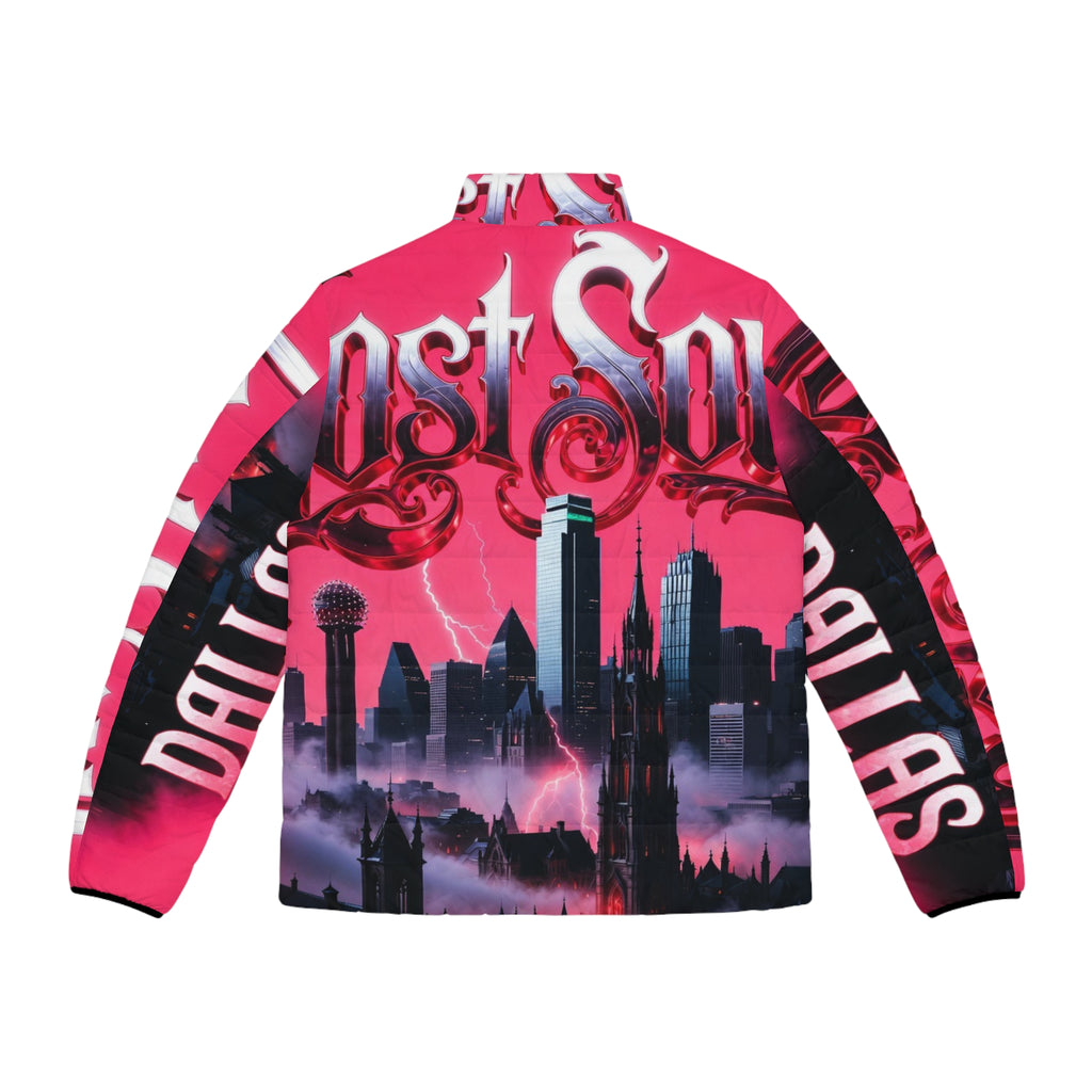 Lost Soul Dallas Skyline Puffer Jacket — Pink Gothic Cityscape AOP