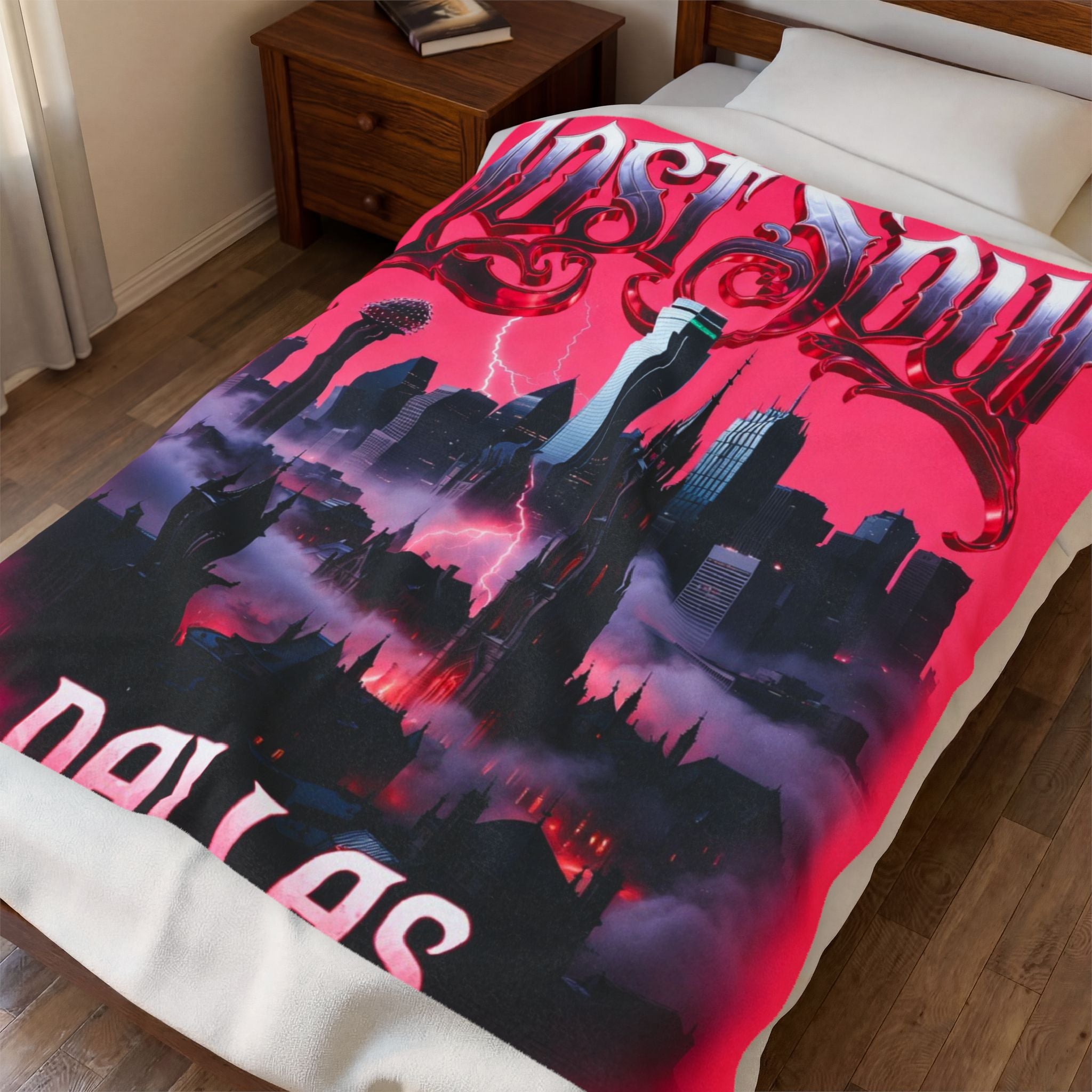 Lost Soul Dallas Velveteen Plush Blanket — Moody Cityscape Throw for Gothic & Urban Fans
