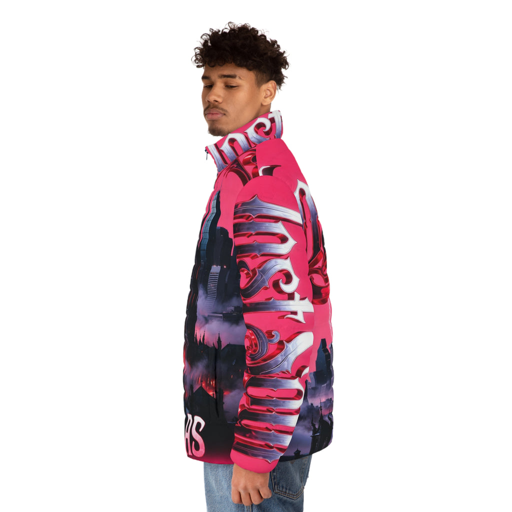 Lost Soul Dallas Skyline Puffer Jacket — Pink Gothic Cityscape AOP
