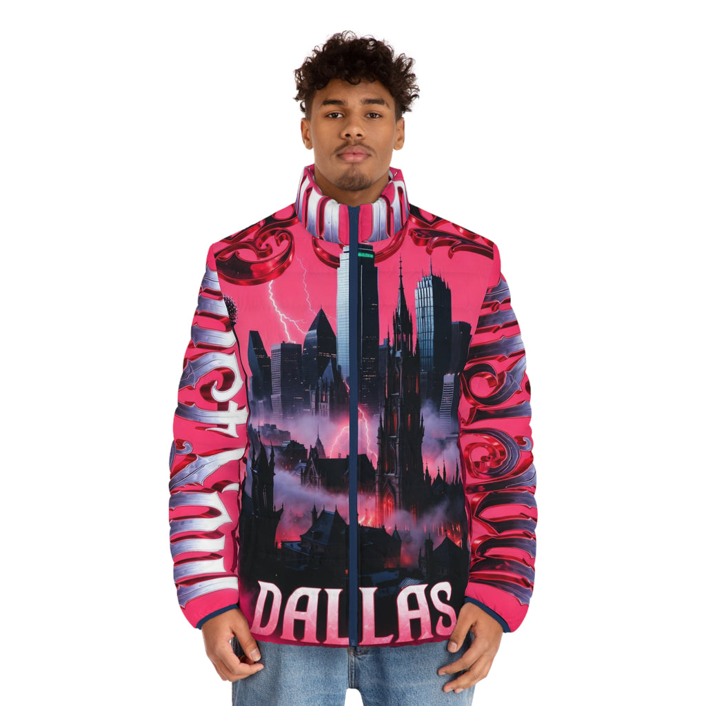 Lost Soul Dallas Skyline Puffer Jacket — Pink Gothic Cityscape AOP