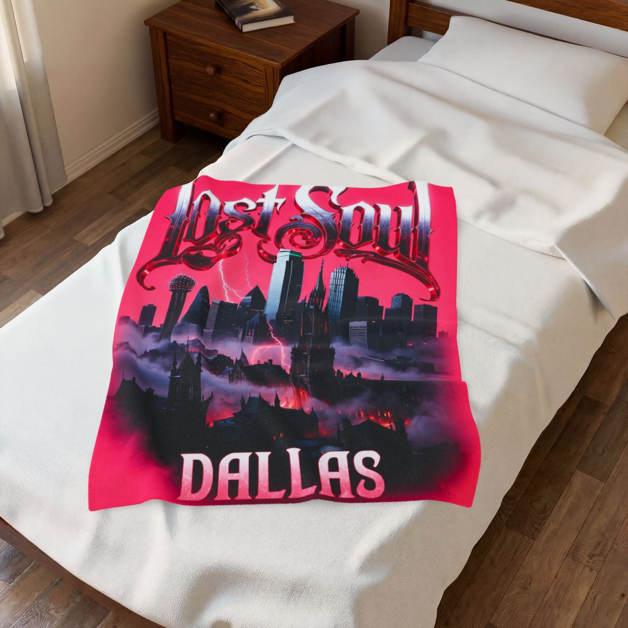 Lost Soul Dallas Velveteen Plush Blanket — Moody Cityscape Throw for Gothic & Urban Fans