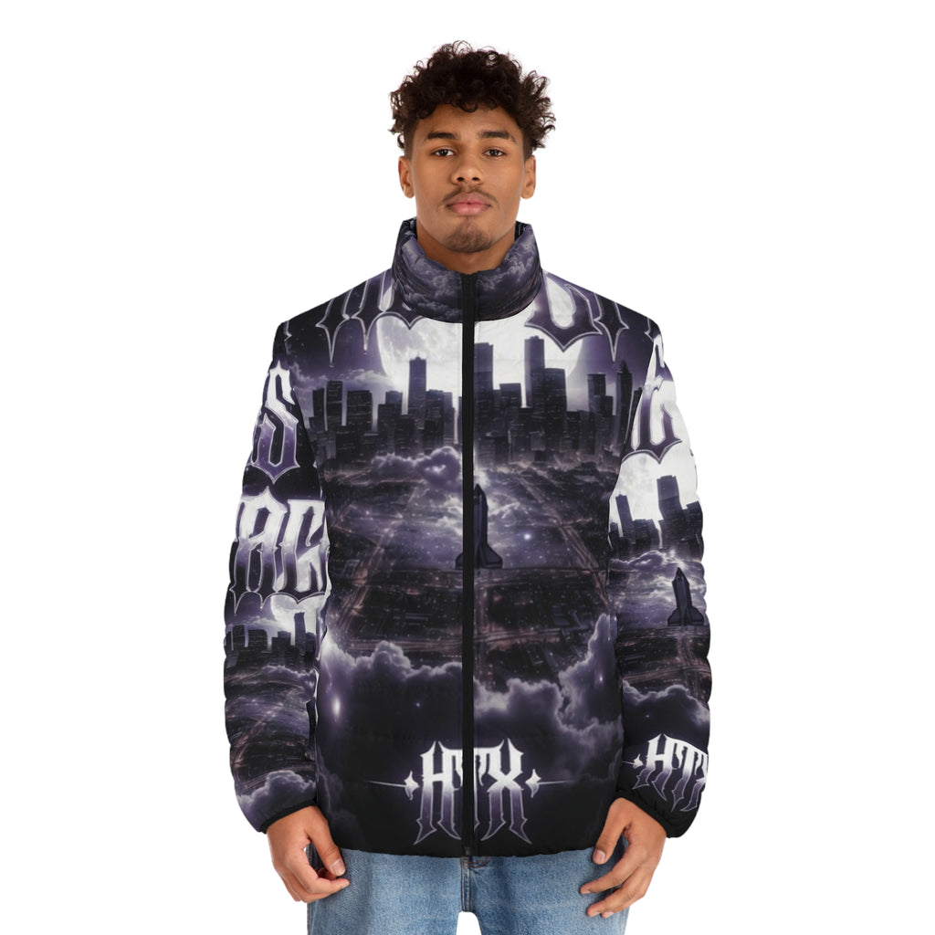 Lost Soul Men's Gothic Cityscape Puffer Jacket — 'Last Storm' All-Over Print