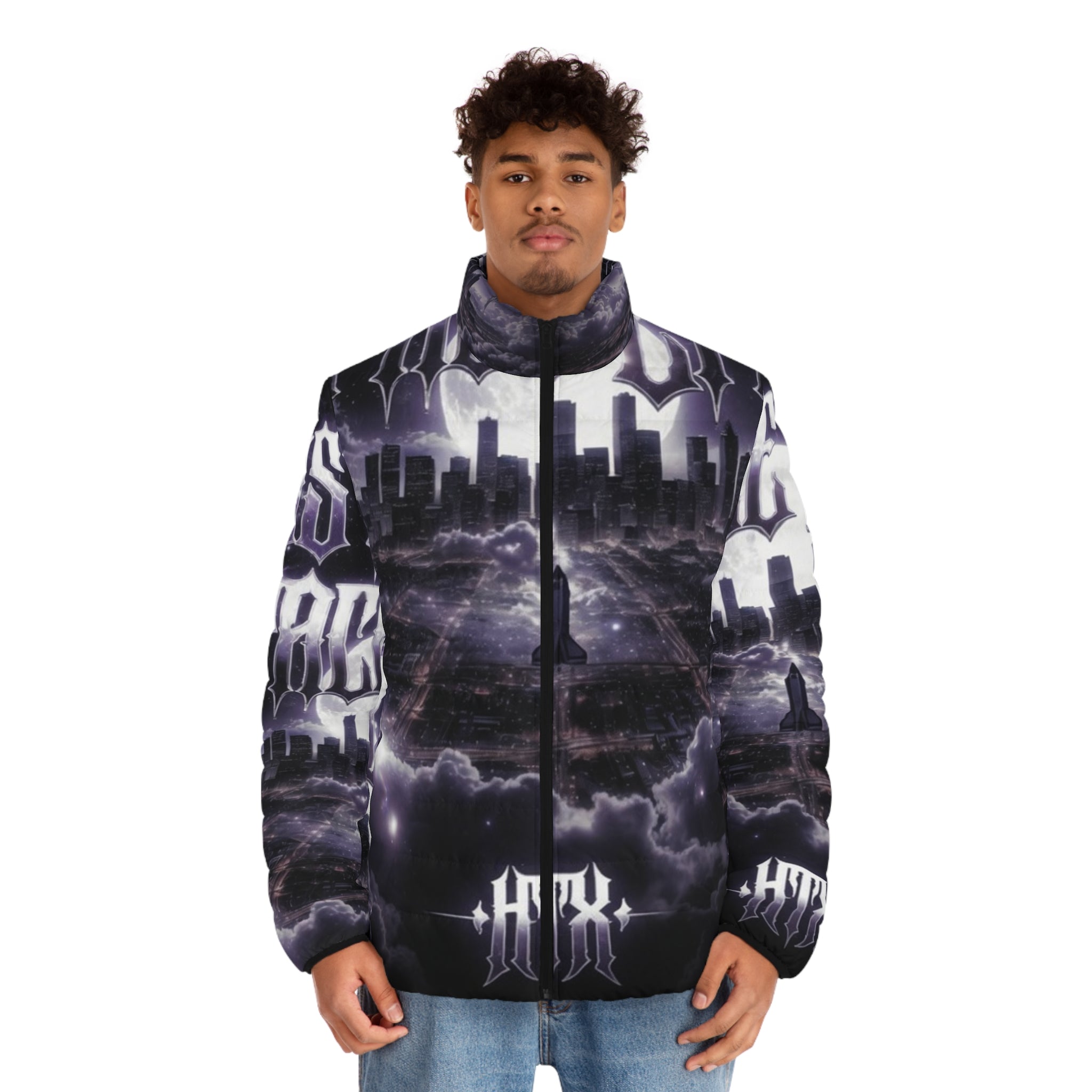 Lost Soul Men's Gothic Cityscape Puffer Jacket — 'Last Storm' All-Over Print