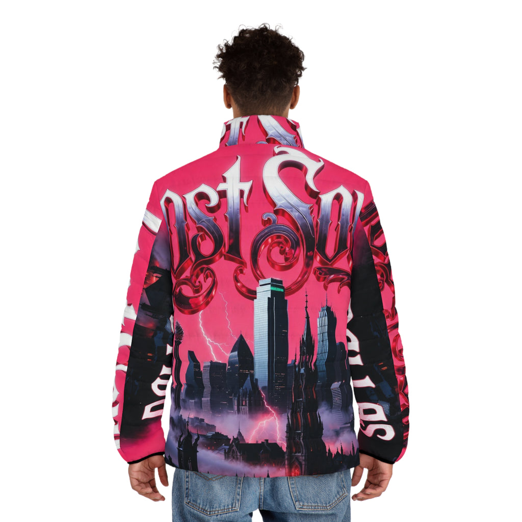 Lost Soul Dallas Skyline Puffer Jacket — Pink Gothic Cityscape AOP