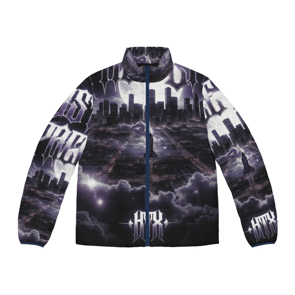 Lost Soul Men's Gothic Cityscape Puffer Jacket — 'Last Storm' All-Over Print