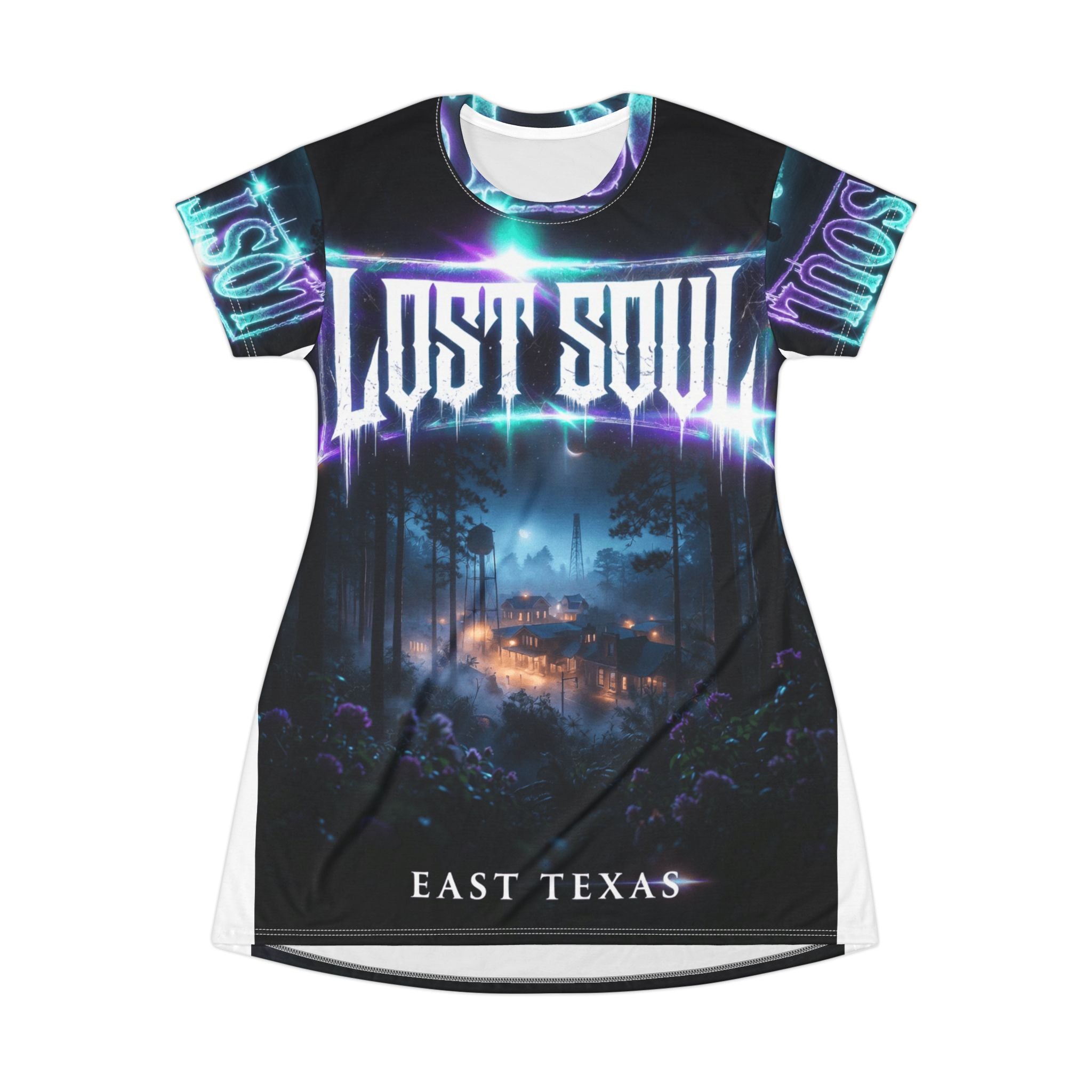 Lost Soul East Texas T-Shirt Dress — Gothic Forest Horror Graphic Tee Dress